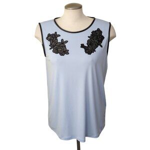 Karl Lagerfeld Women Sleeveless Top M Icy Blue Floral Appliqué Faux Leather Trim